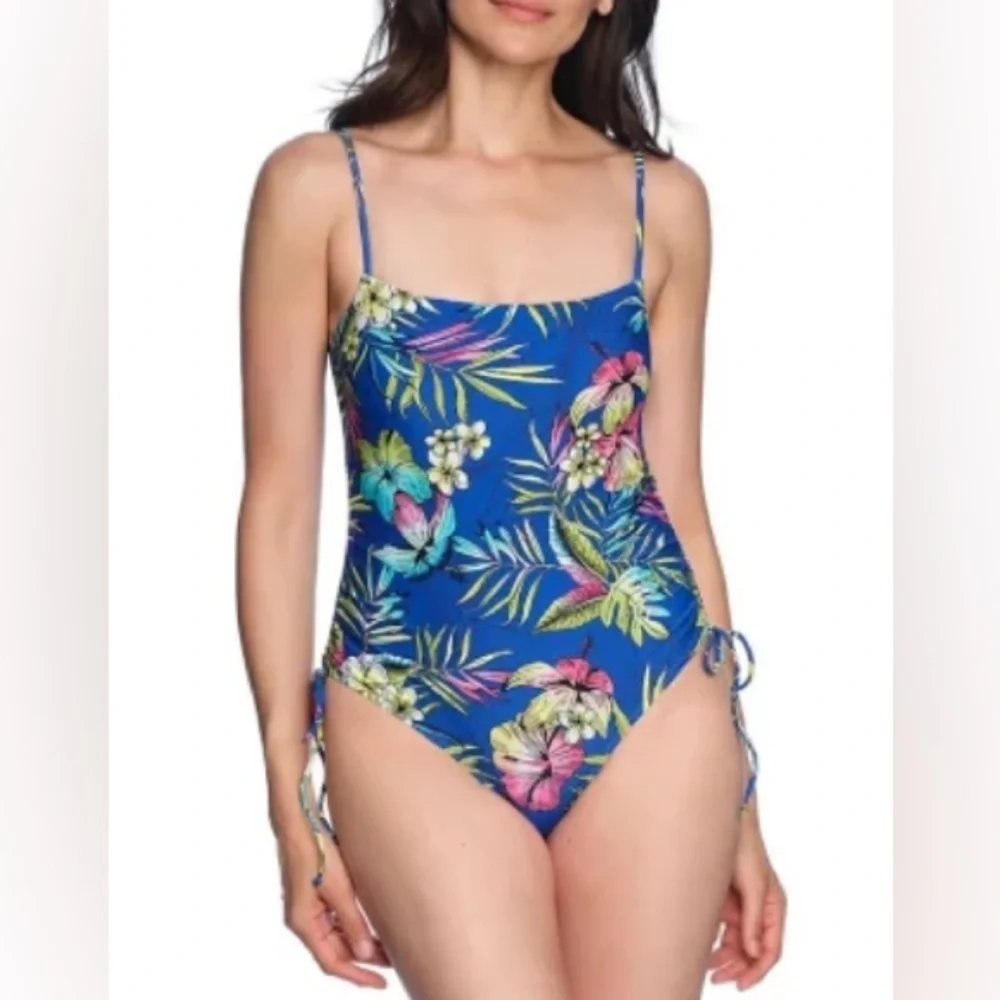 NWT Loft Women's Shirred Side Tie One-Piece Swimsuit Blue Tropical Size Medium - Picture 2 of 14